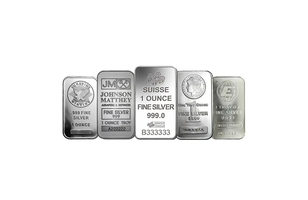 One-ounce .999 fine silver bars from Sunshine Minting, Johnson Matthey, Suisse and Engelhard.